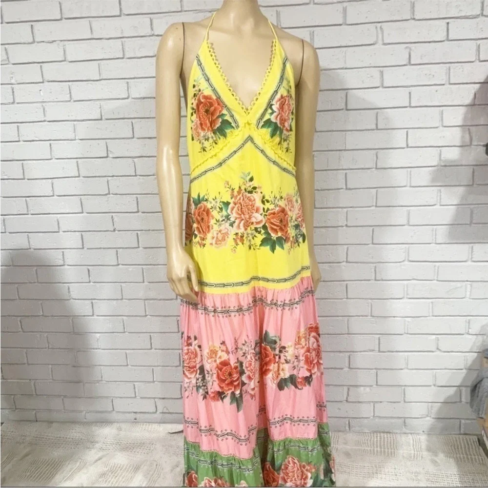 Farm Rio Floral Halter Maxi Dress Open Back Boho Spring Wedding Guest | Large - Picture 3 of 6